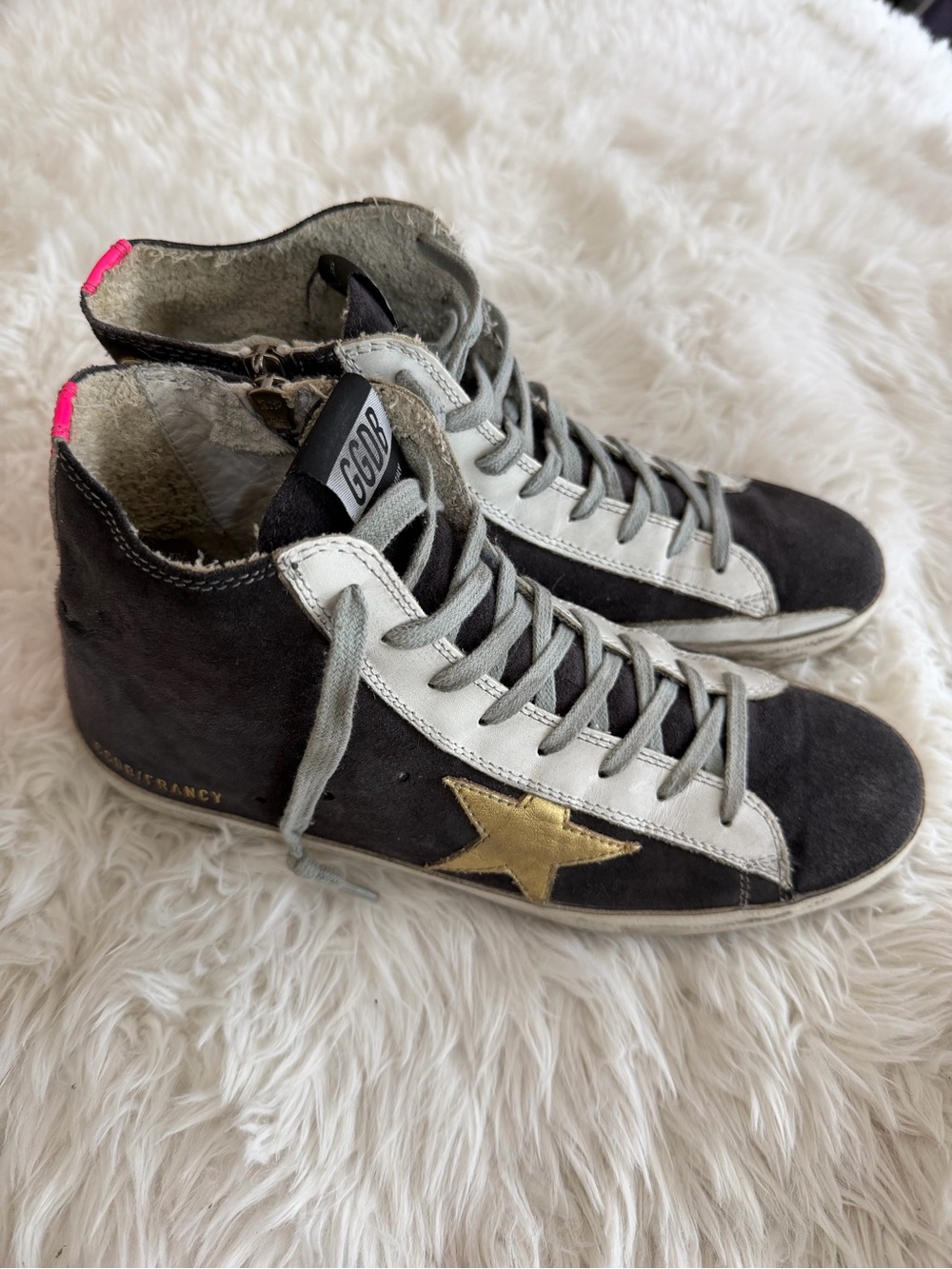 Golden Goose Black Suede High-Top with Gold Star and Pink Heel Tab Size 40 US 10